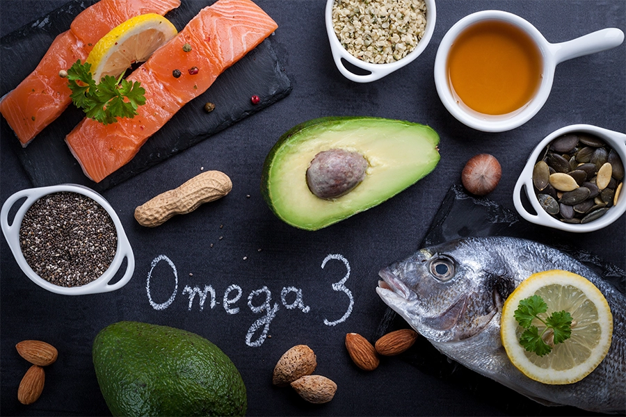 Foods rich in omega 3, fish, nuts, avacado
